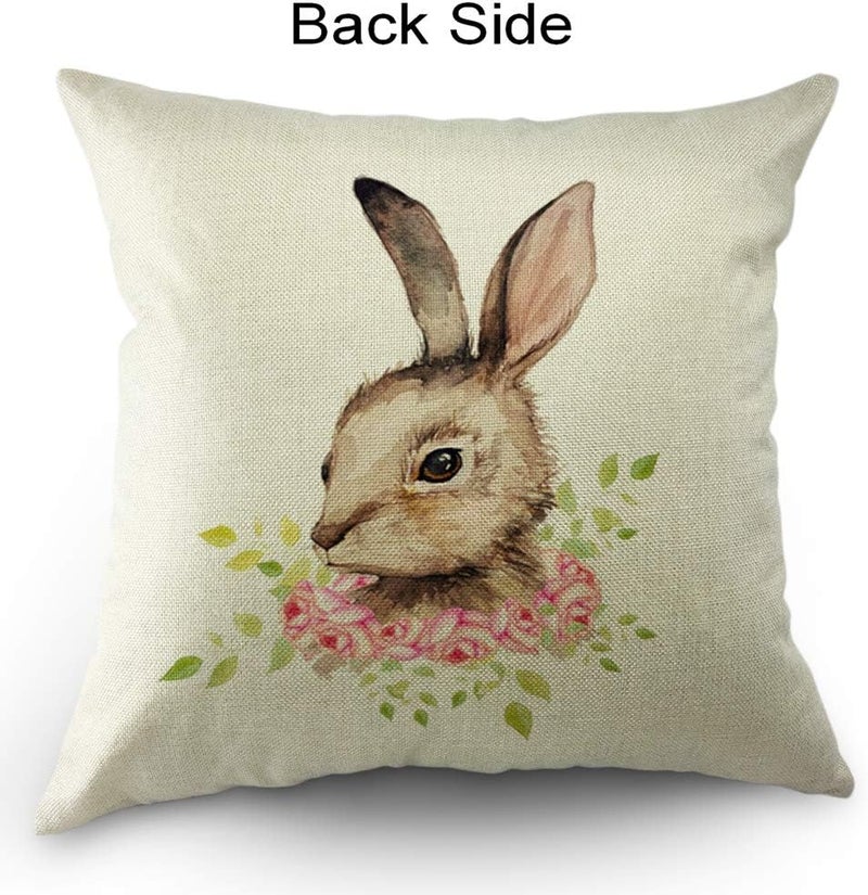 Moslion Bunny Pillows Decorative Pillow Case Sketch of Cute Animal Rabbit with Pink Rose Flowers Green Leaves for Easter Throw Pillow Cover Square Cushion Accent Cotton Linen Home 18x18 Inch Brown - Image 2